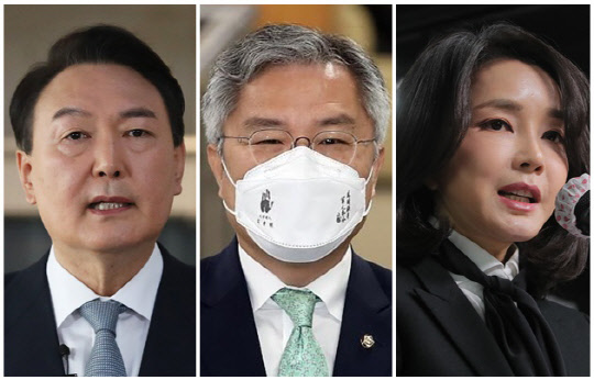 윤석열(왼쪽) 국민의힘 대선 후보, 최강욱(가운데) 더불어민주당 최고위원, 김건희씨. <연합뉴스>